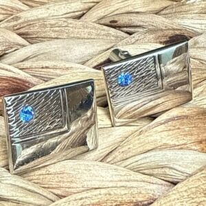 VTG SWANK Cufflinks Silver Tone Shiny & Textured Etched Square W/ Blue Gemstone